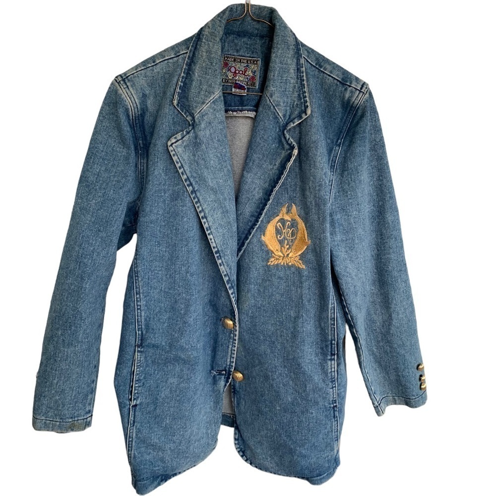 Vintage Women’s Denim Blue Jean Jacket Dolphins Logo Opal Hot Topic Size Medium - Picture 1 of 7